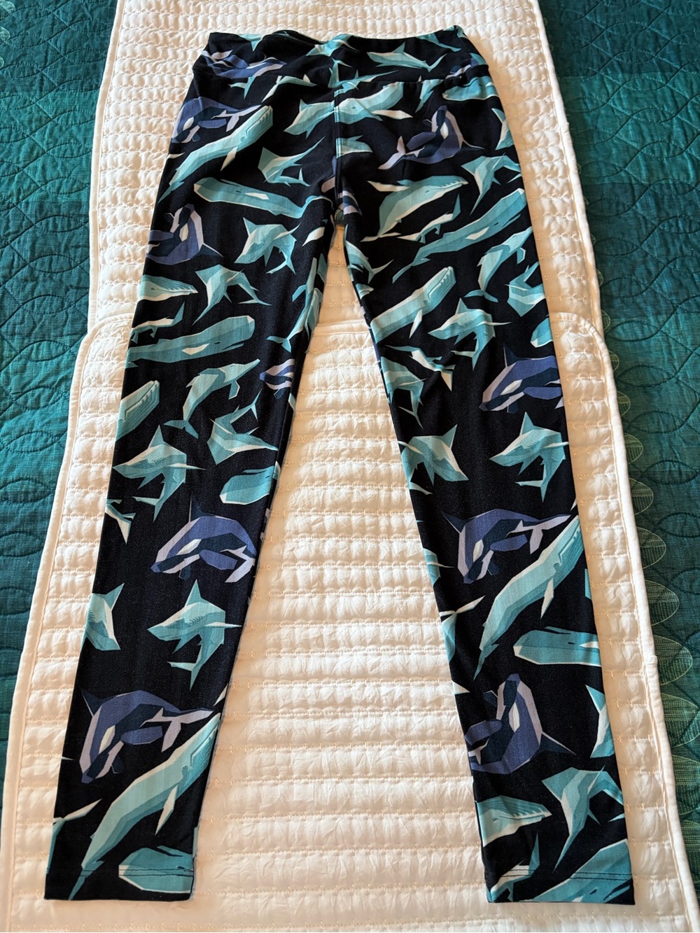 LuLaRoe Black Teal Blue Shark-Print Leggings